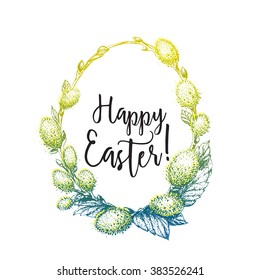Hand drawn easter greeting card. Easter wreath of willow. Vector illustration