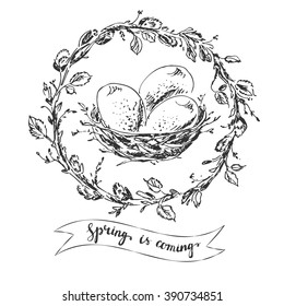 Hand drawn easter greeting card. Willow branch and leaves wreath with bird nest and eggs. RIbbon with spring hand lettering. 