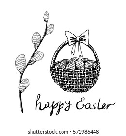 Hand drawn easter greeting card. Vector illustration. Pussy willow branch with bascket and eggs. 