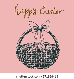 Hand drawn easter greeting card. Vector illustration. Bascket and eggs. 