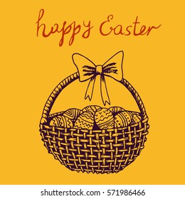 Hand drawn easter greeting card. Vector illustration. Bascket and eggs. 