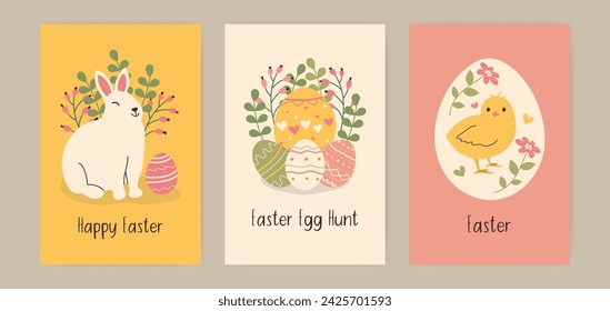 Hand drawn Easter greeting cards. Vertical postcards with bunny chick and flowers in doodle style. Multicolored Eggs Hunt food with different patterns of hearts, lines and circles hand-drawn.