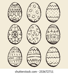 hand drawn easter holiday ornate outline eggs, set of nine isolated design objects