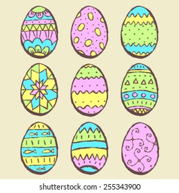 hand drawn easter holiday ornate colorful eggs, set of nine isolated design objects
