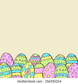 hand drawn easter holiday ornate colorful eggs, design template background with empty space for your text here