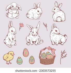 Hand drawn Easter holidays elements - rabbit, eggs and chick, sketch vector illustration isolated. Set of cute white bunny with engraving texture. Decorated and painted Easter eggs in basket.