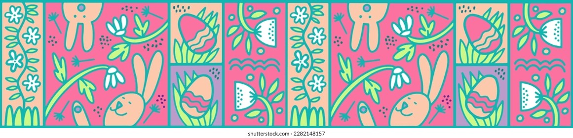 hand drawn Easter horizontal seamless pattern with eggs , lapins, flowers. Modern style graphic.