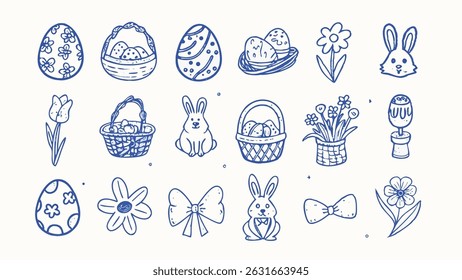 Ícones de Páscoa desenhados à mão Uma coleção de ilustrações encantadoras da primavera perfeito para decorações de cartões e projetos digitais