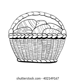 Hand drawn Easter illustration. Basket full of Easter eggs. 