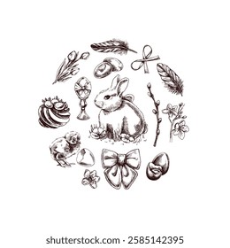 Hand drawn Easter illustration with bunny, chick, eggs, flowers, and festive elements in vintage sketch style

