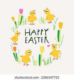 Hand drawn Easter illustration, yellow chicks on the beige background, great for banners, wallpapers, wrapping.