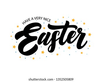 Hand drawn Easter lettering typography with stars and dots for Paschal poster, logotype, icon or badge on white background. Ressurection sunday banner, postcard, card text, template, season greetings