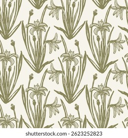 Silhuetas desenhadas à mão de flores silvestres de lírio da páscoa formando um padrão botânico maximalista em cores de verde sobre fundo branco. Padrão de vetor contínuo. Ótimo para decoração, tecido, papel de parede, presentes