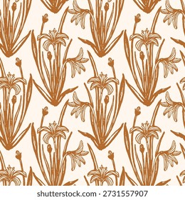 Hand drawn easter lily wildflower silhouettes forming a maximalist botanical pattern in colors of brown on an off pink background. Floral seamless vector pattern. Great for home decor, fabric, wallpaper, gift wrap, stationery, packaging design projects.