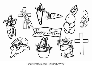 hand drawn of easter line art set	