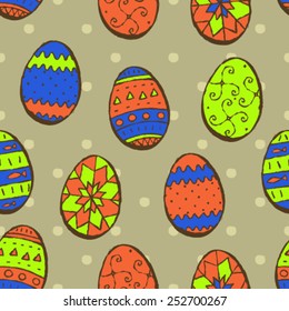 hand drawn easter ornate eggs, ethno drawing, holiday seamless pattern, vector illustration design background