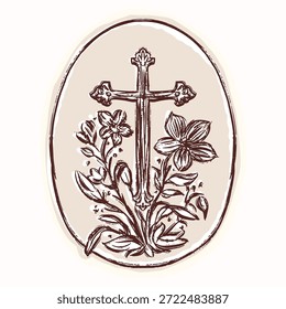 Oval de páscoa desenhada à mão com ilustração de motivo cruz cristã. Vetor isolado plano para o projeto religioso da Páscoa 2026. Preto e branco flor crucific decoração arte ovo forma quadro