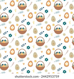 Hand drawn Easter pattern, Easter basket and eggs on a light background