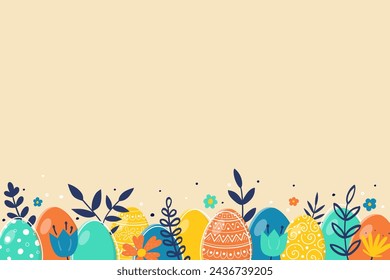 Hand drawn Easter pattern design. Concept of a background with ornate eggs and flowers. Vector illustration