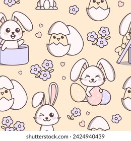 Hand drawn Easter pattern in pastel colors. Easter rabbit pattern. Cute Easter bunny.