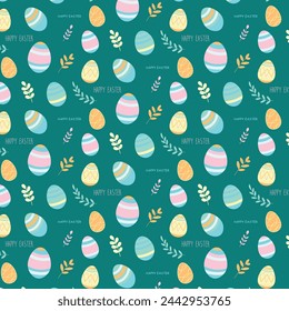 Hand drawn Easter pattern with plants and eggs on green background