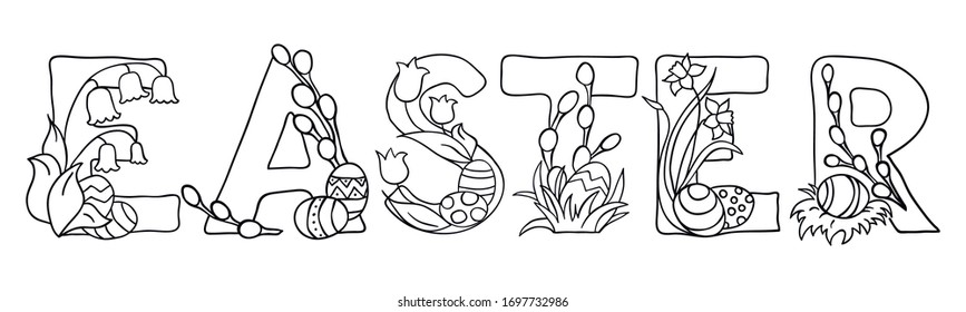 Hand drawn Easter phrases in doodle style. Lettering with Easter eggs and spring flower on white background. Vector illustration