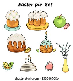 Hand drawn Easter pie set. Traditional Easter pies with raisins and eggs, decorated with candles. Illustration isolated on white. - vector.