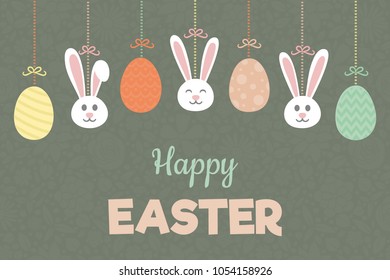 Hand drawn Easter postcard with bunnies, colourful eggs and wishes. Vector.