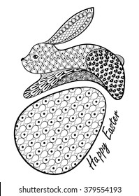 Hand drawn Easter Rabbit with Easter egg. Vector illustration in zentangle tribal style. Sketch for coloring pages, for greeting cards, tattoo. Animal collection
