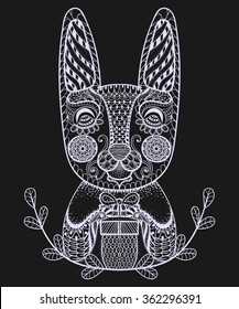 Hand drawn Easter Rabbit with gift  for adult coloring pages in doodle, zentangle tribal style, artistically ethnic ornamental patterned tattoo, t-shirt or prints. Animal vector illustration.