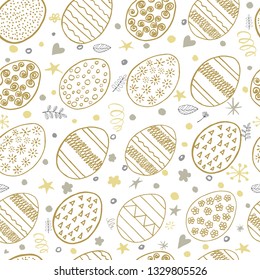 Hand drawn Easter seamless pattern. Pattern with ornamental eggs. Easter holiday light background. Vector illustration.