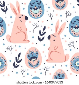 Hand drawn Easter seamless pattern with bunnies, colorful eggs and leaves in folk style. Endless texture on white background for your design, greeting cards, posters, textile, paper. 