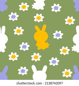 Hand drawn Easter seamless pattern with bunnies silhouette and flowers. Perfect for T-shirt, textile and print. Doodle vector illustration for decor and design.


