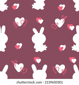 Hand drawn Easter seamless pattern with bunnies silhouette and hearts. Perfect for T-shirt, textile and print. Doodle vector illustration for decor and design.
