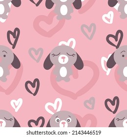 Hand drawn Easter seamless pattern with bunnies and hearts. Perfect for T-shirt, textile and print. Doodle vector illustration for decor and design.

