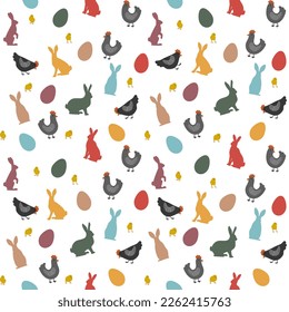 Hand drawn Easter seamless pattern, cute rabbits, eggs, hen, chicken, great for textiles, banners, wallpaper, wrapping  design. Vector illustration.
