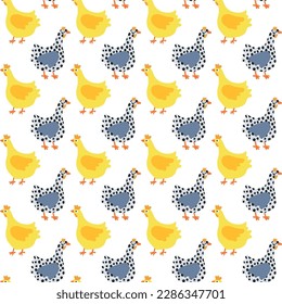 Hand drawn Easter seamless pattern, doodle colored chickens on a white background, great for banners, wallpapers, wrapping.
