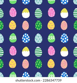 Hand drawn Easter seamless pattern, doodle colorful easter eggs on a blue background, great for banners, wallpapers, wrapping.