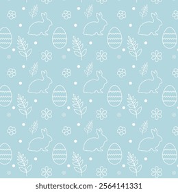 hand drawn Easter seamless pattern with bunnies, flowers, easter eggs, beautiful background, great for Easter Cards, banner, textiles, wallpapers - vector design