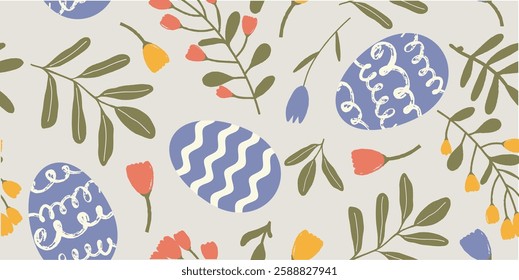 Hand drawn Easter seamless pattern, cute eggs and floral great for textiles, banners, wallpaper, wrapping - vector design.