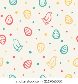 Hand drawn Easter seamless repeat vector pattern. Brush drawn paschal eggs, cute chicks and uneven spots artistic background. Free hand drawing, endless colorful template with chicken and painted eggs