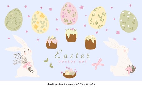 Hand drawn Easter set. Easter eggs, Easter bunny, Easter cakes, nest with eggs, flowers, leaves. Cartoon style. Isolated holiday design element. 