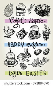 Hand drawn easter set. Vector illustration.