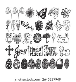 Hand Drawn Easter and Spring Doodle Vector Set – Flowers Animals Eggs and Religious Symbols