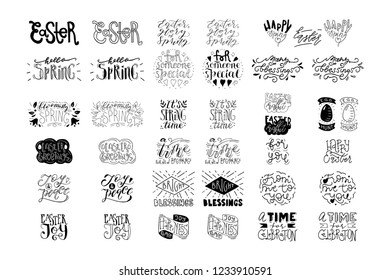 Hand drawn Easter & Spring lettering quotes big bundle collection. Set of vector holiady joy and fun posters. Custom black on white saying designs.