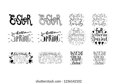 Hand drawn Easter & Spring lettering quotes collection. Bundle of vector positive motivation posters. Custom black on white saying designs.