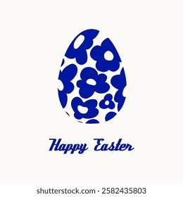 Hand drawn Easter symbol card, banner, flyer: decorated egg with blue floral doodle ornament. Vector illustration. Trendy minimalist design for spring holiday celebration