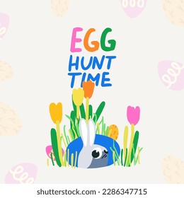 Hand drawn Easter template, bunny in the hole , great for banners, wallpapers, wrapping.