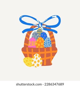 Hand drawn Easter template, doodle colorful easter eggs in a basket with a bow, great for banners, wallpapers, wrapping.