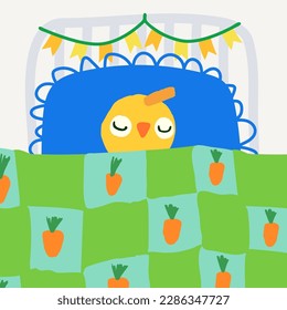Hand drawn Easter template, doodle a chicks sleeps under a colored blanket, great for banners, wallpapers, wrapping.